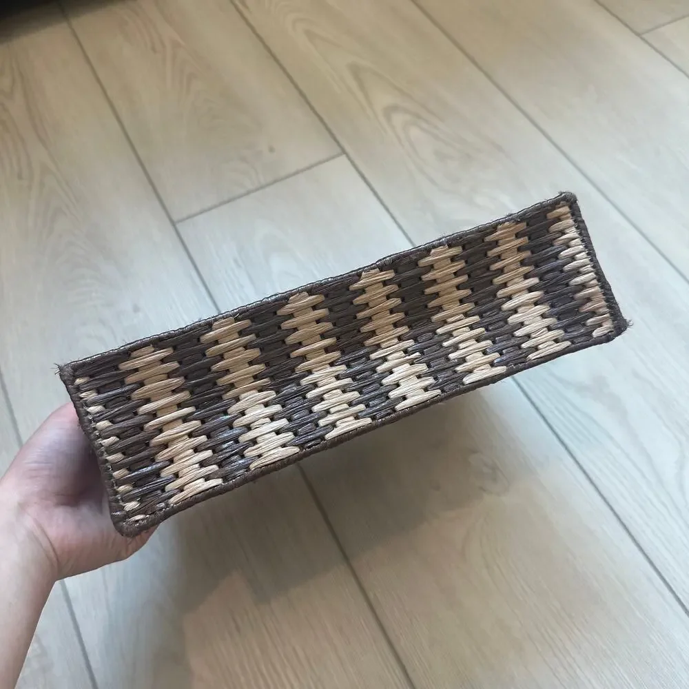 Vintage woven brown striped handbag acrylic clear handles